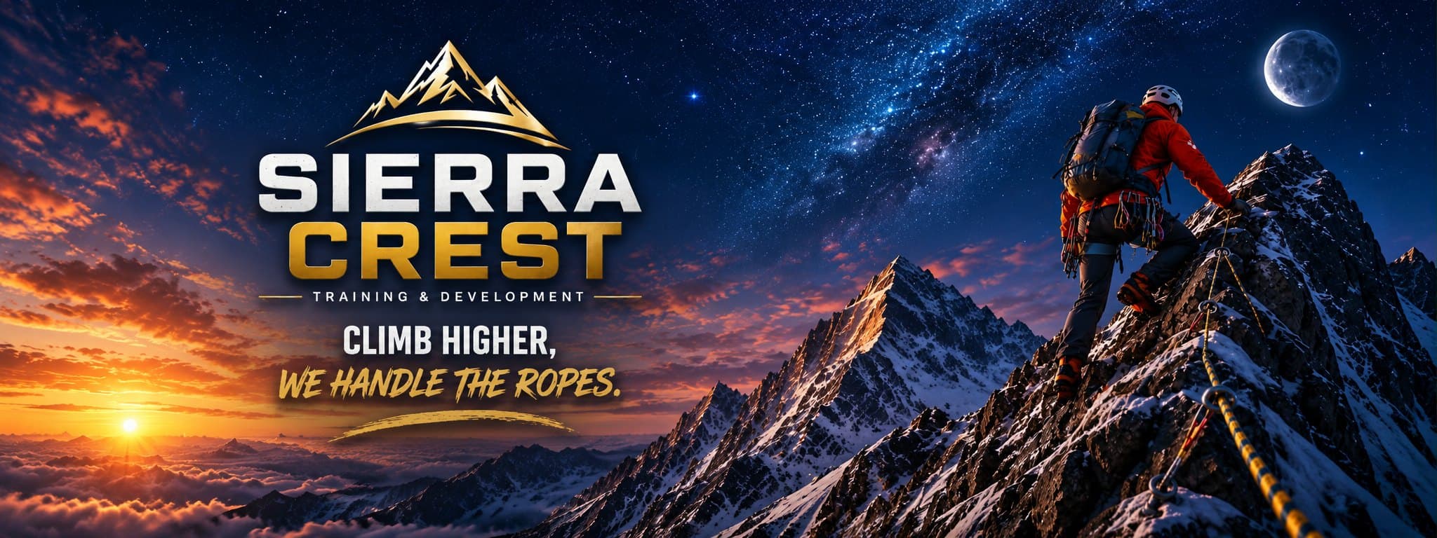 Sierra Crest Training & Development — climb higher, we handle the ropes. A roped climber ascending a moonlit ridge above a sunrise and a sea of cloud.
